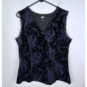 Studio 1940 Velvet Paisley Blouse Black Blue Glitter Ruffle Whimsygoth 18/20W
